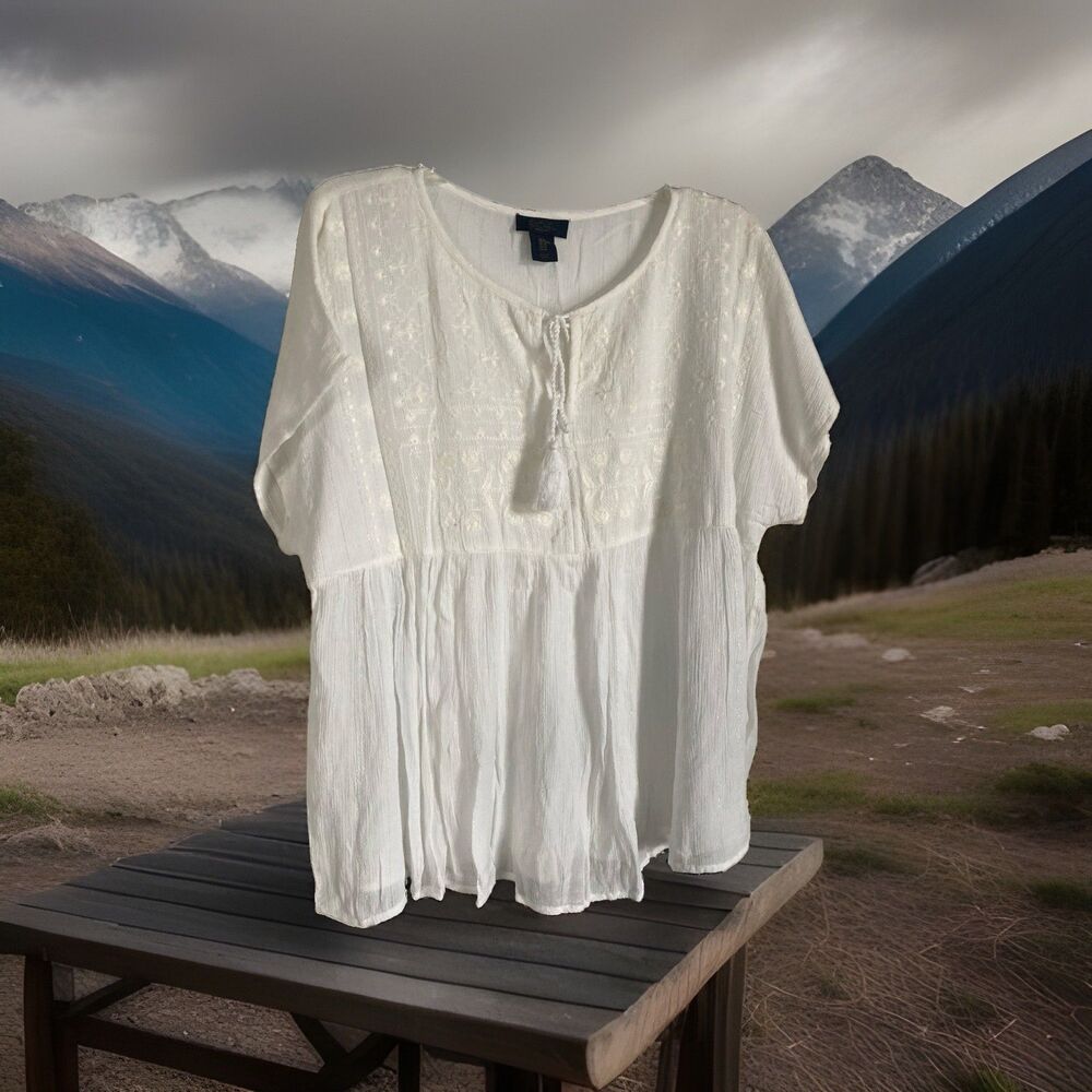 Rachel Top XL White Gauze Relaxed Flutter Sleeves Tassels NWOTS Silver Metallic